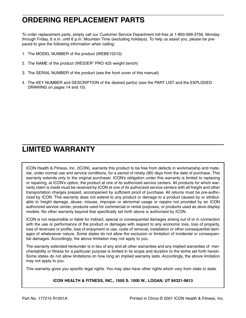 Limited warranty ordering replacement parts | Weider WEBE15210 User Manual | Page 16 / 16