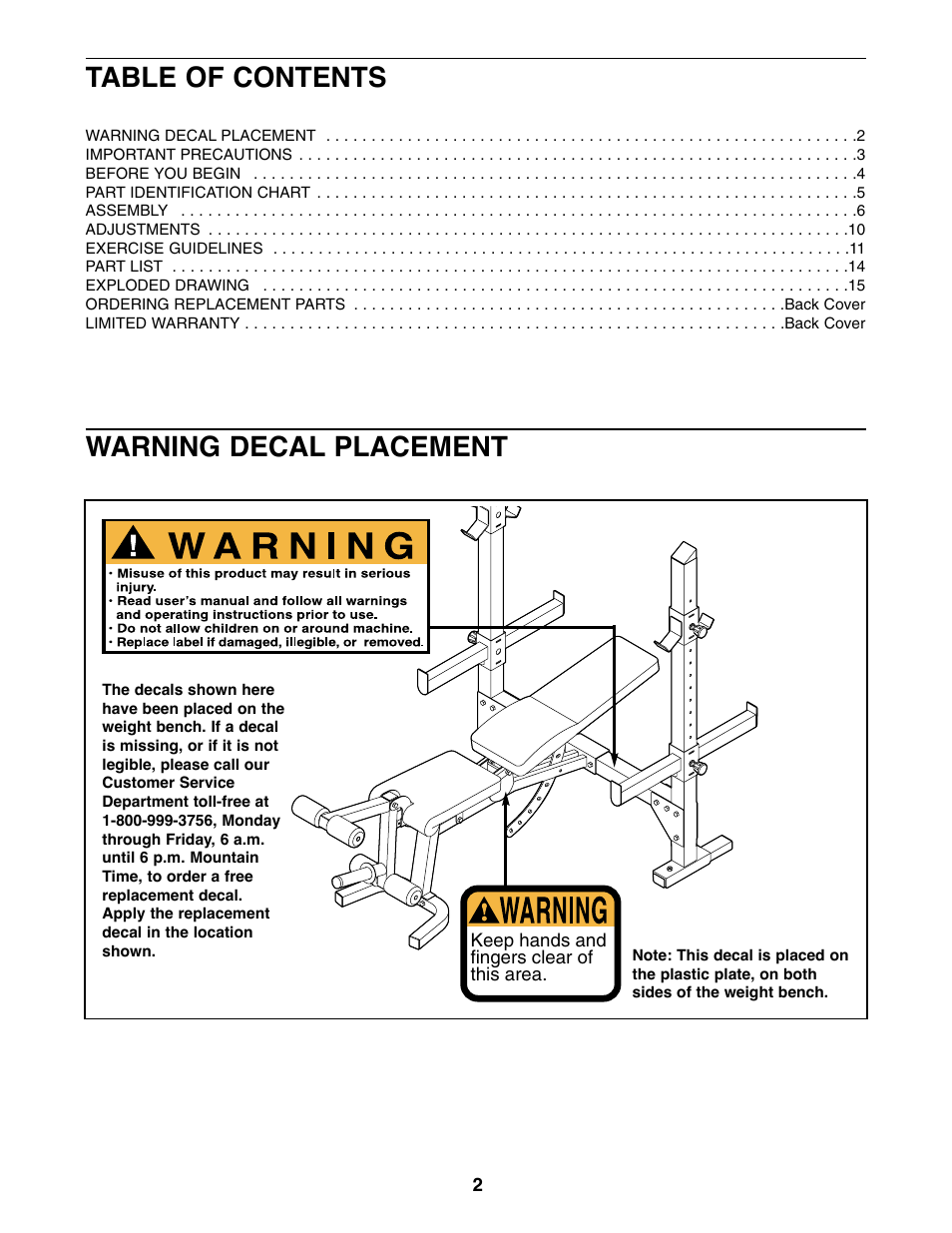 Table of contents warning decal placement | Weider WEBE15210 User Manual | Page 2 / 16
