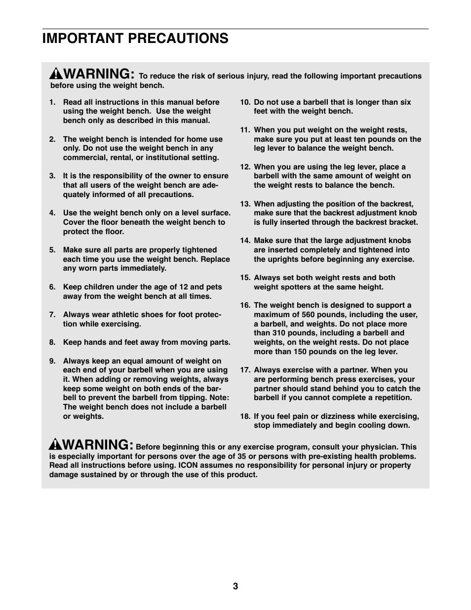 Warning, Important precautions | Weider WEBE15210 User Manual | Page 3 / 16