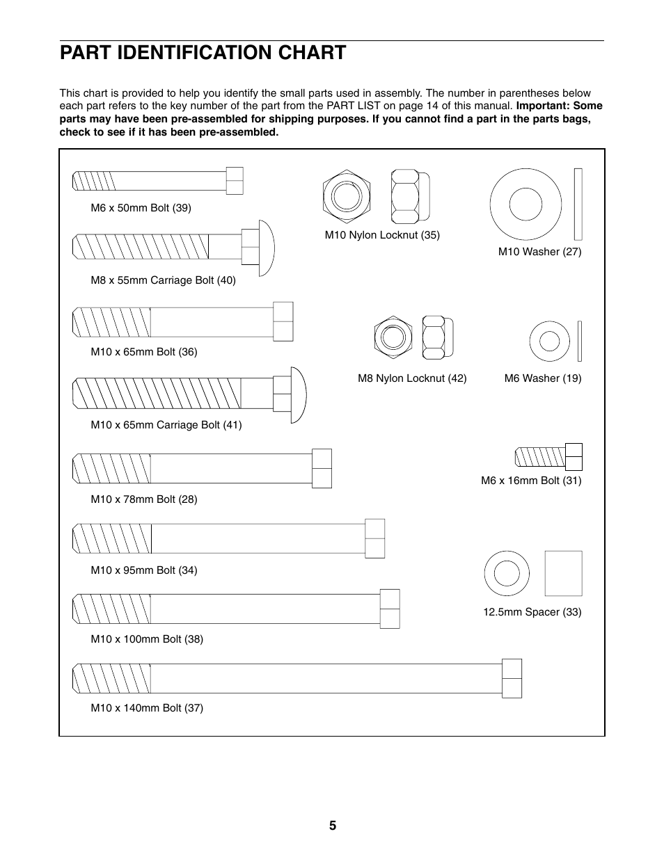 Part identification chart | Weider WEBE15210 User Manual | Page 5 / 16