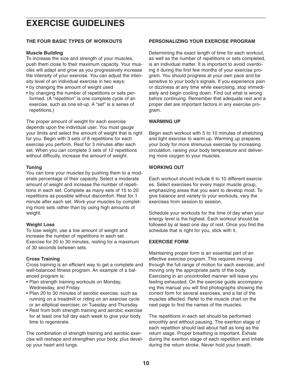 Exercise guidelines | Weider WEBE0635.1 User Manual | Page 10 / 15