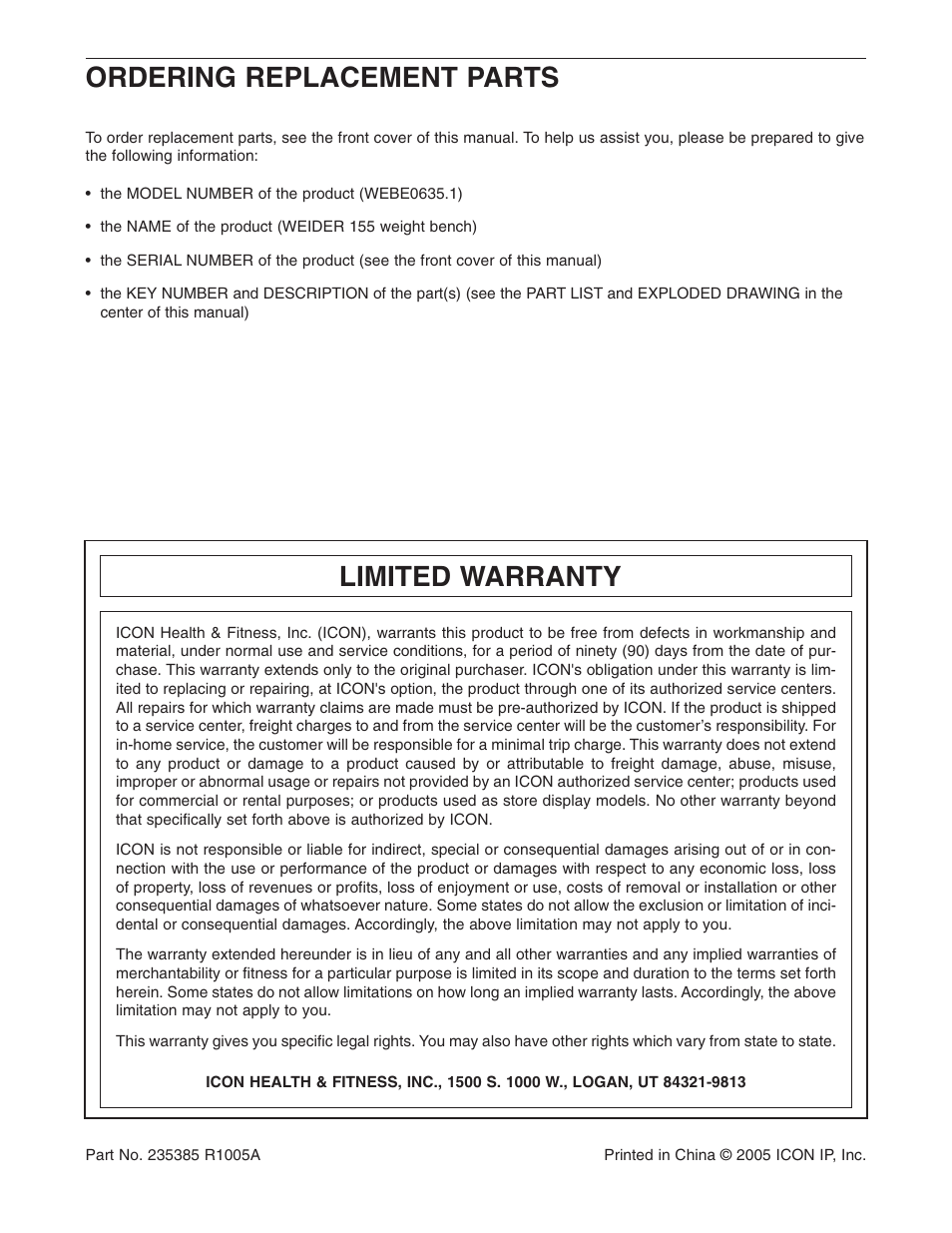 Limited warranty, Ordering replacement parts | Weider WEBE0635.1 User Manual | Page 15 / 15