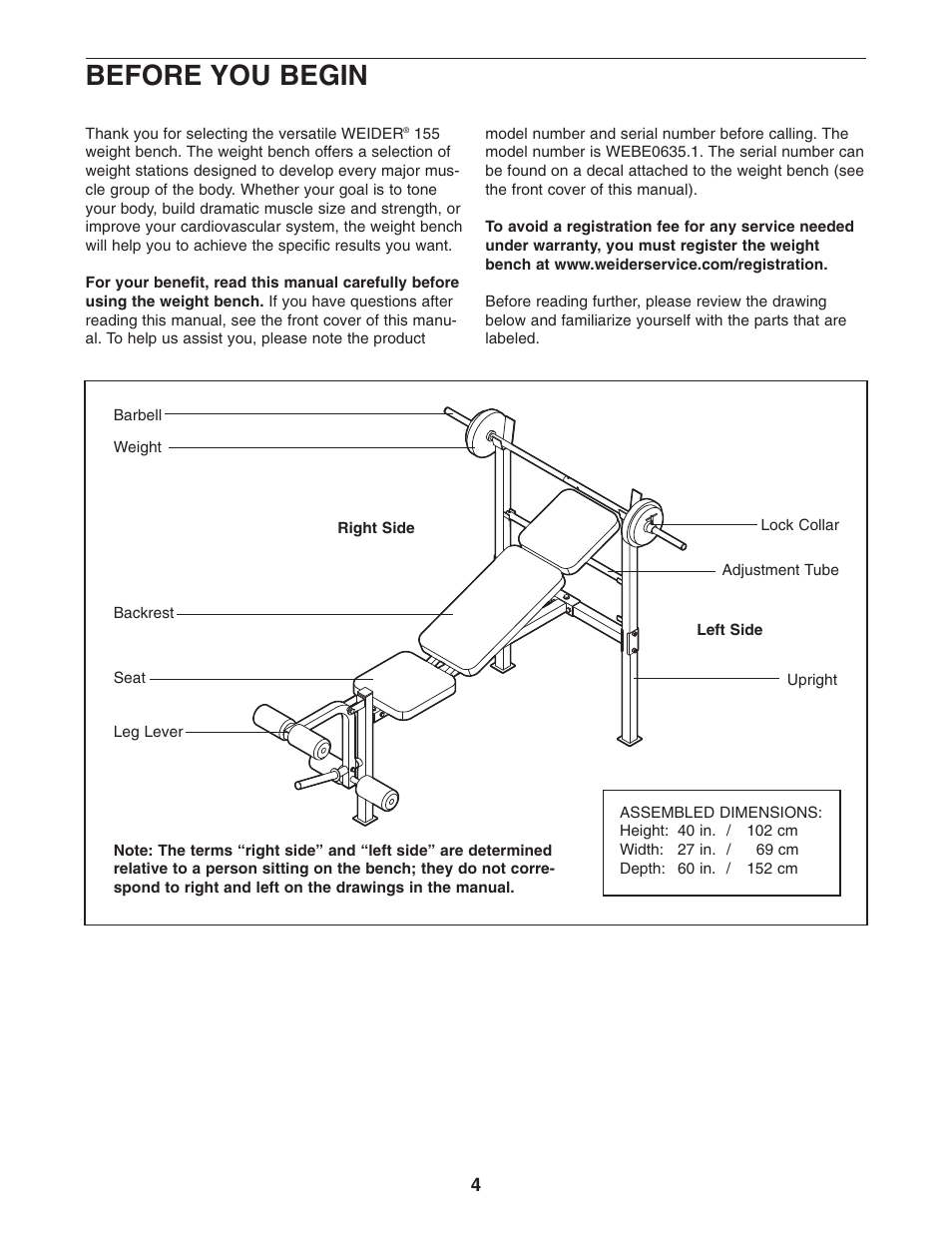 Before you begin | Weider WEBE0635.1 User Manual | Page 4 / 15