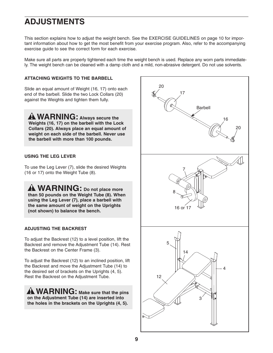 Warning, Adjustments | Weider WEBE0635.1 User Manual | Page 9 / 15