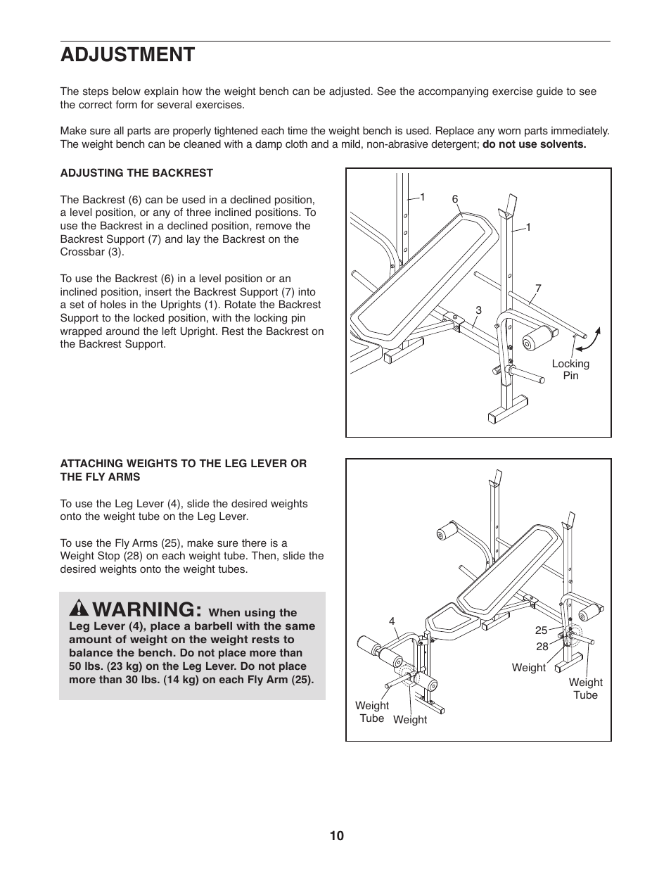 Warning, Adjustment | Weider 831.15999.1 User Manual | Page 10 / 16