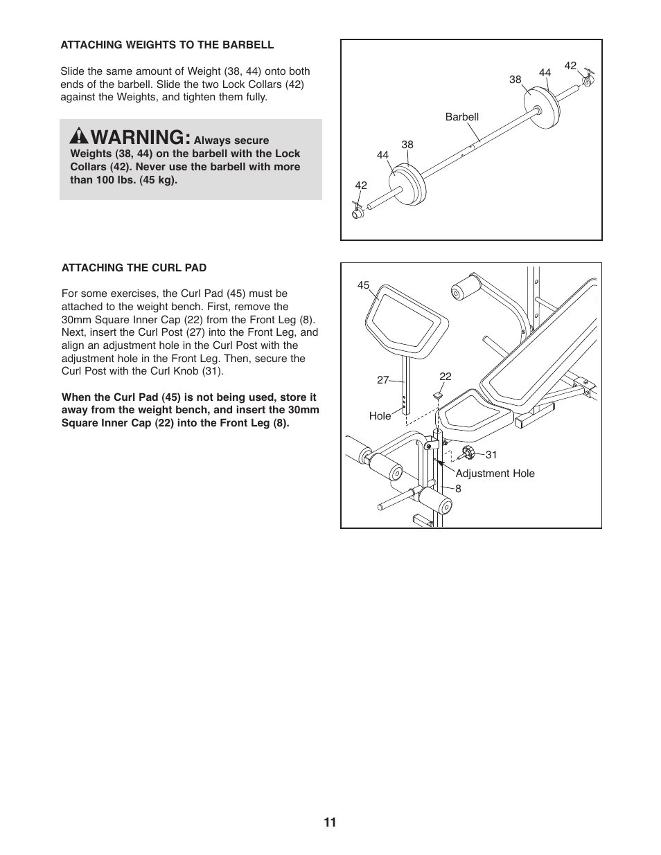 Warning | Weider 831.15999.1 User Manual | Page 11 / 16