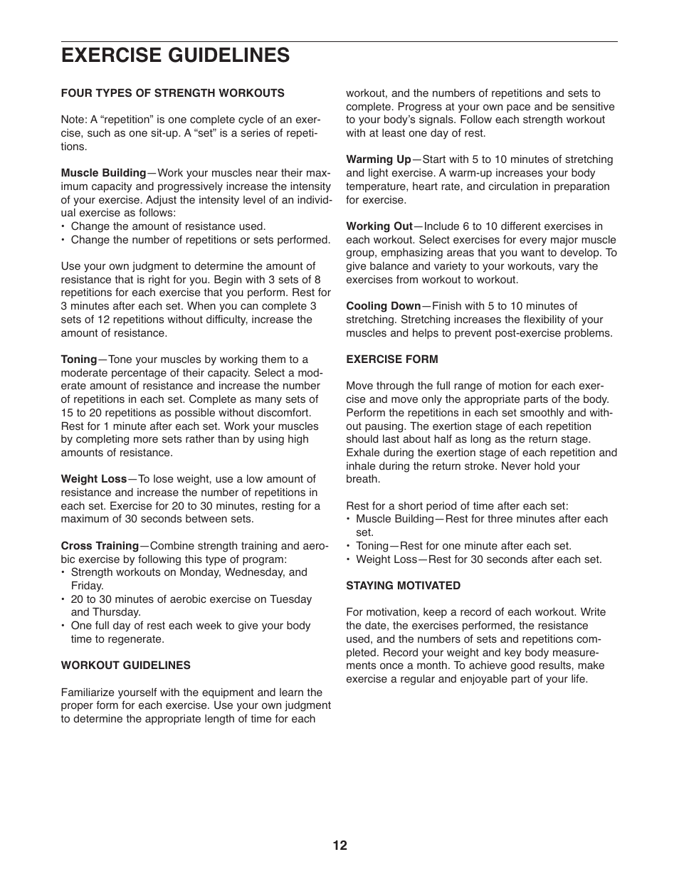 Exercise guidelines | Weider 831.15999.1 User Manual | Page 12 / 16