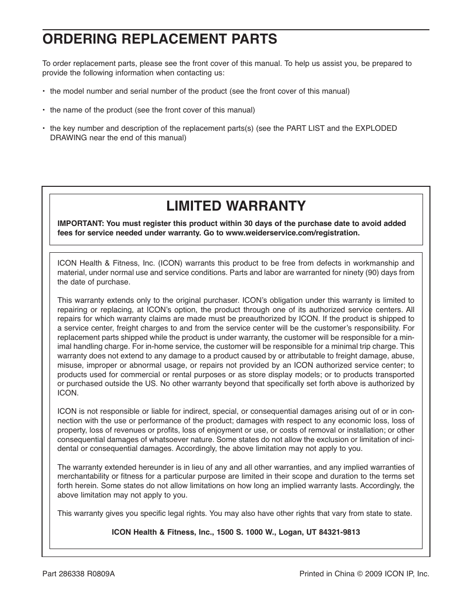 Ordering replacement parts, Limited warranty | Weider 831.15999.1 User Manual | Page 16 / 16