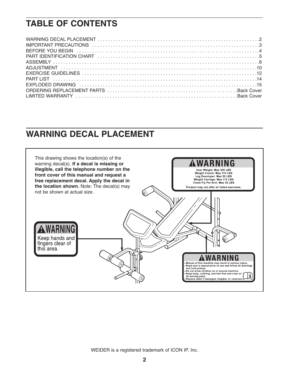 Table of contents warning decal placement | Weider 831.15999.1 User Manual | Page 2 / 16