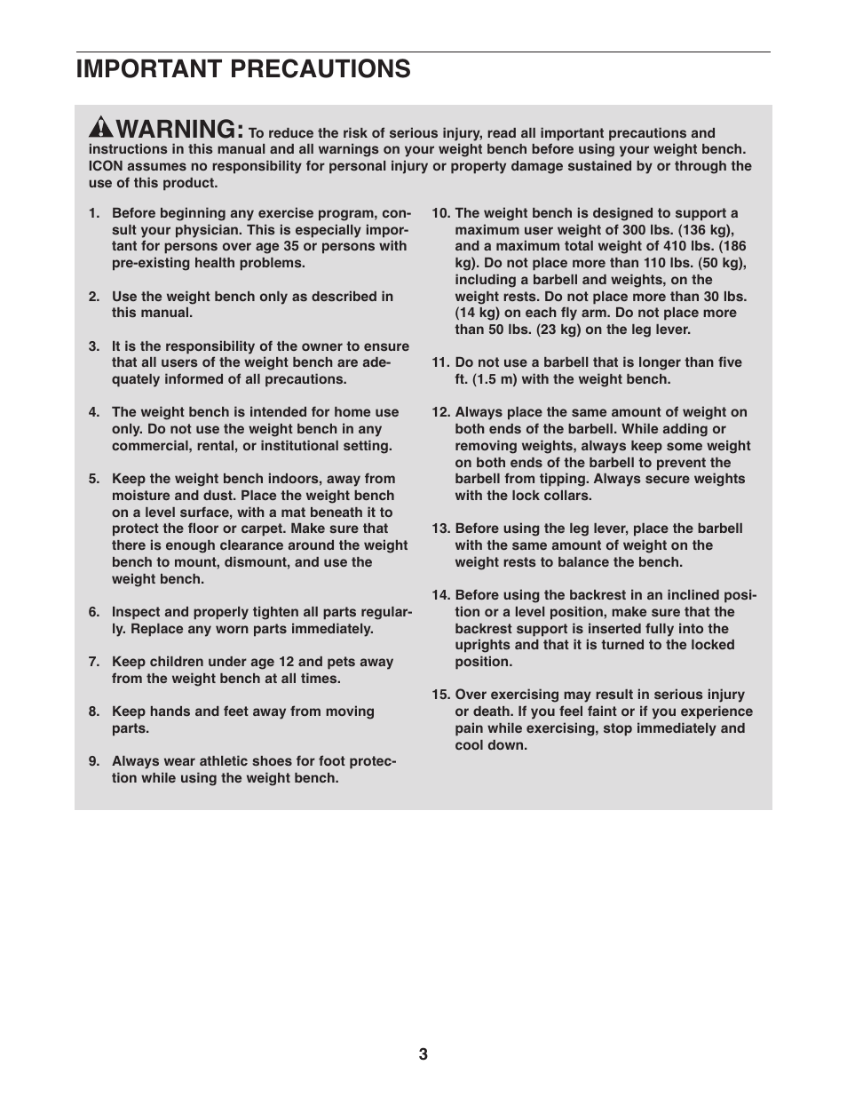 Warning, Important precautions | Weider 831.15999.1 User Manual | Page 3 / 16