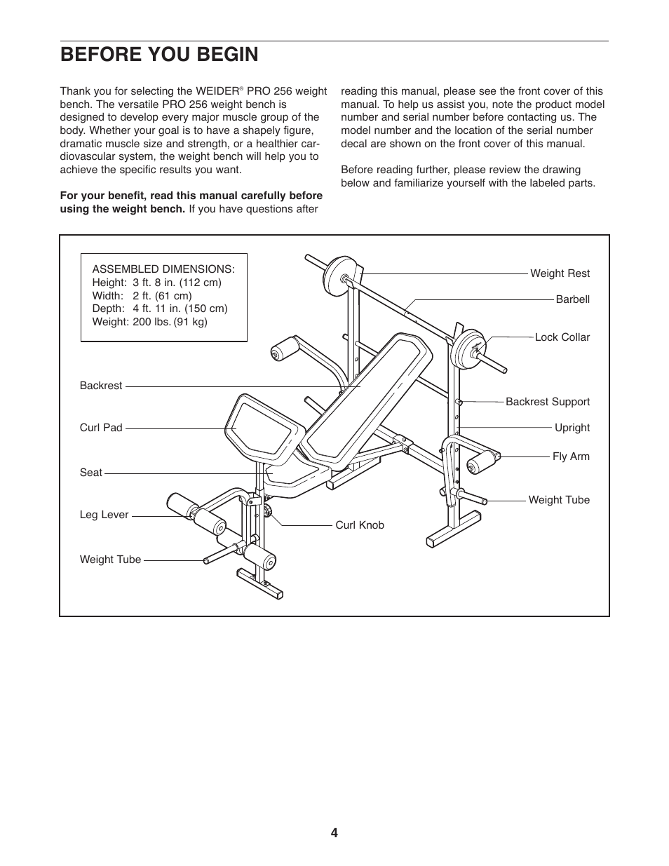 Before you begin | Weider 831.15999.1 User Manual | Page 4 / 16
