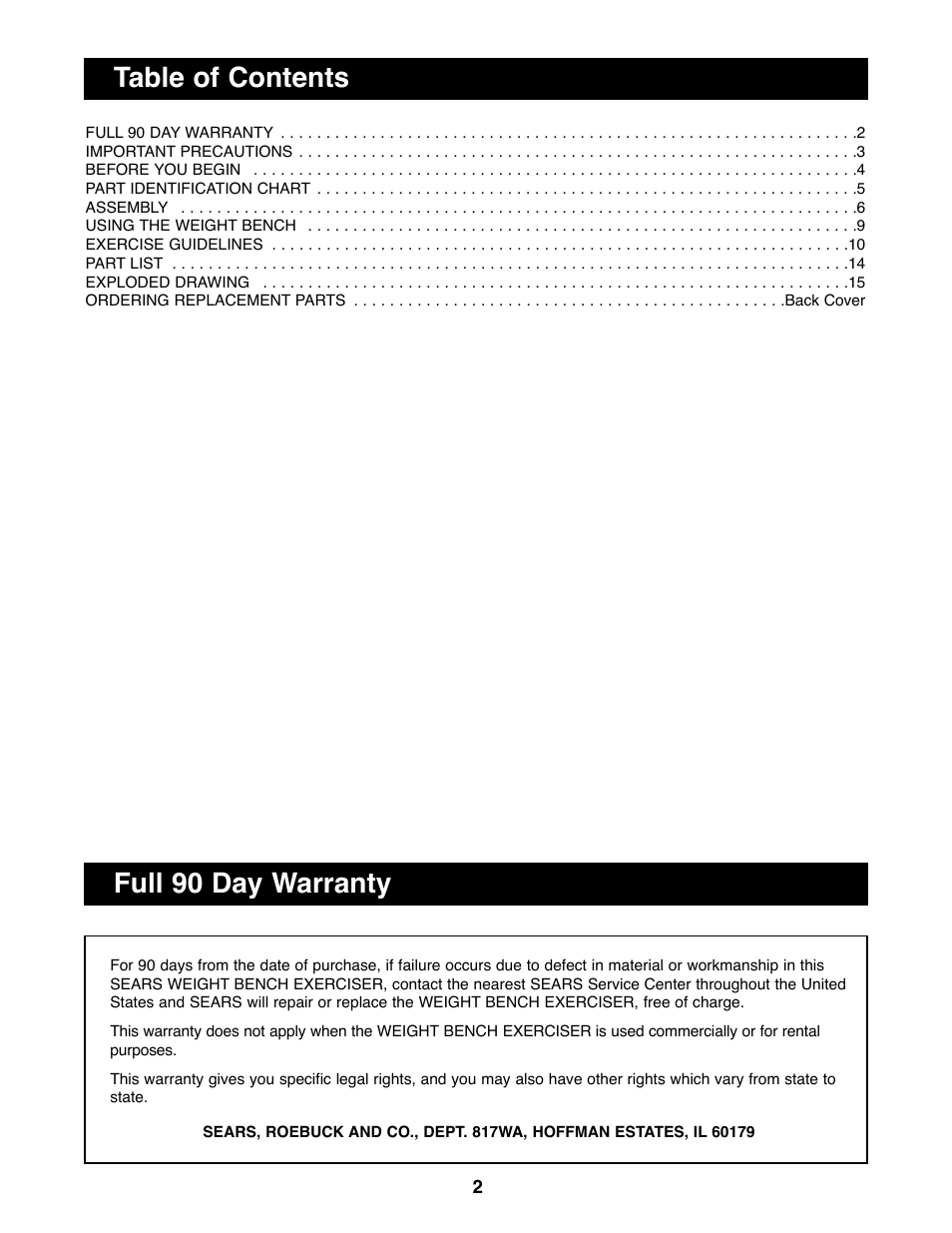 Full 90 day warranty table of contents | Weider 831.150720 User Manual | Page 2 / 16