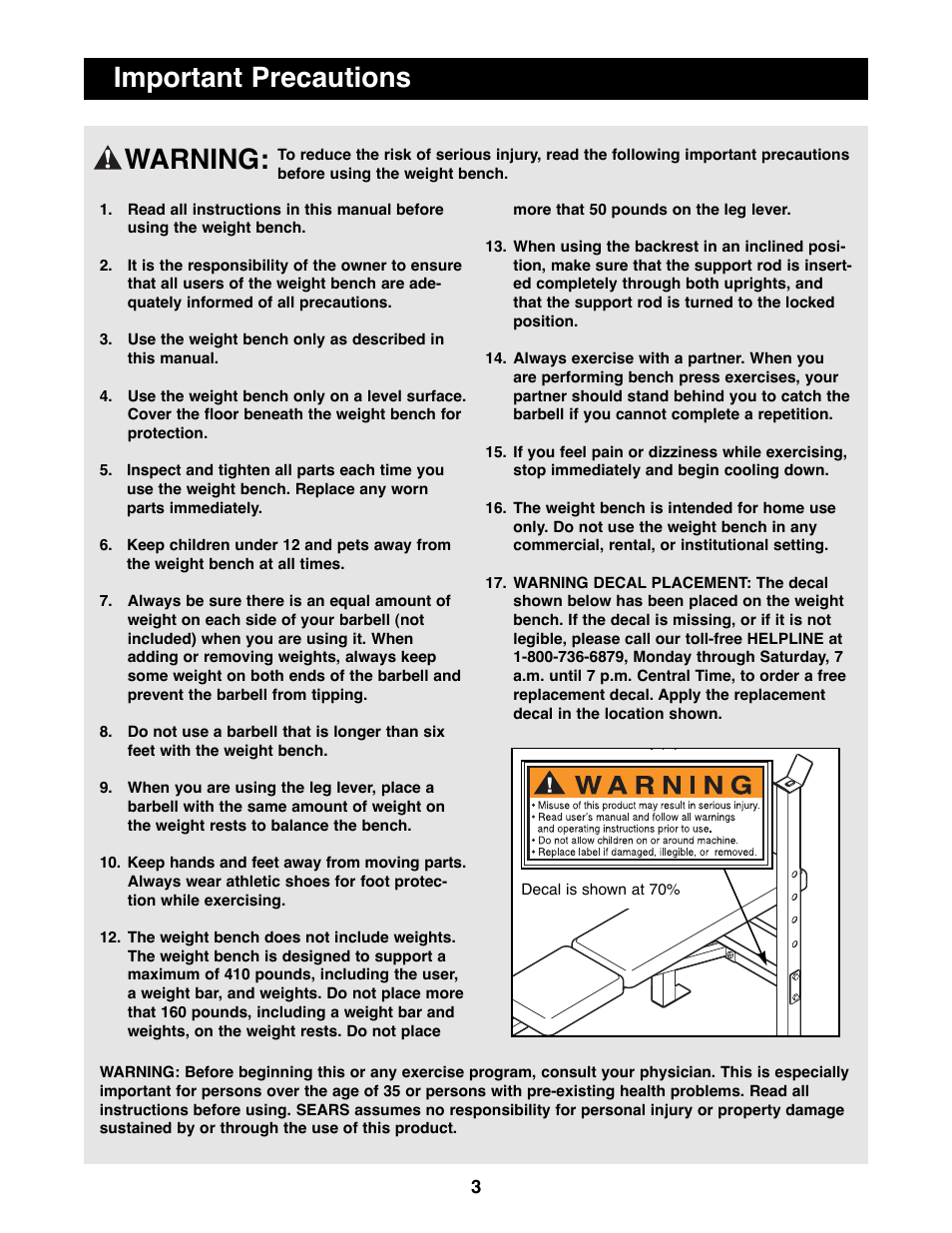 Warning: important precautions | Weider 831.150720 User Manual | Page 3 / 16