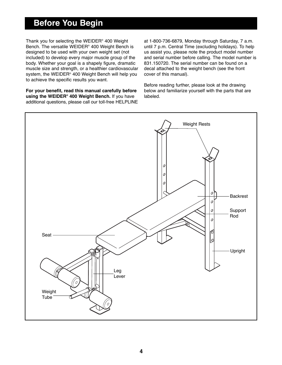 Before you begin | Weider 831.150720 User Manual | Page 4 / 16