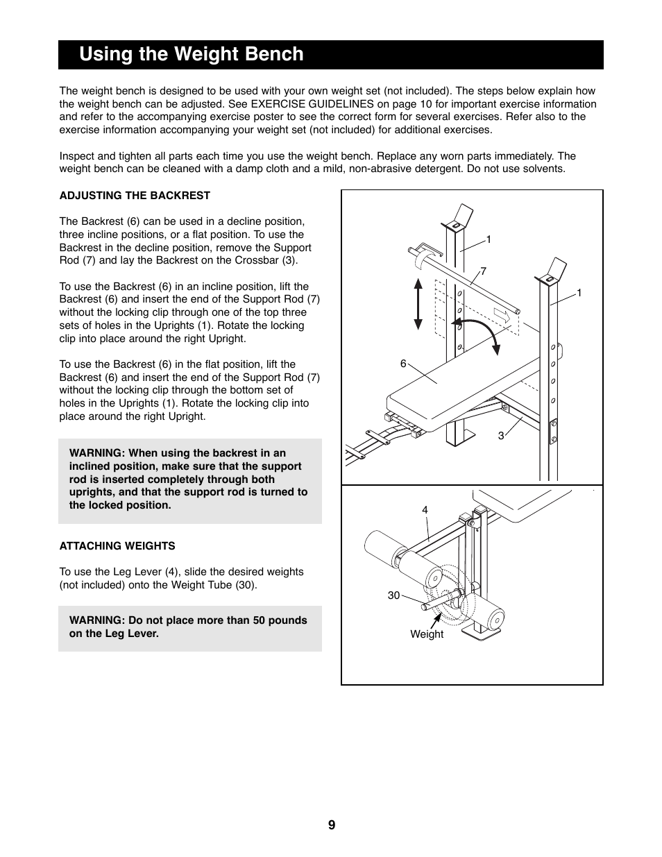 Using the weight bench | Weider 831.150720 User Manual | Page 9 / 16