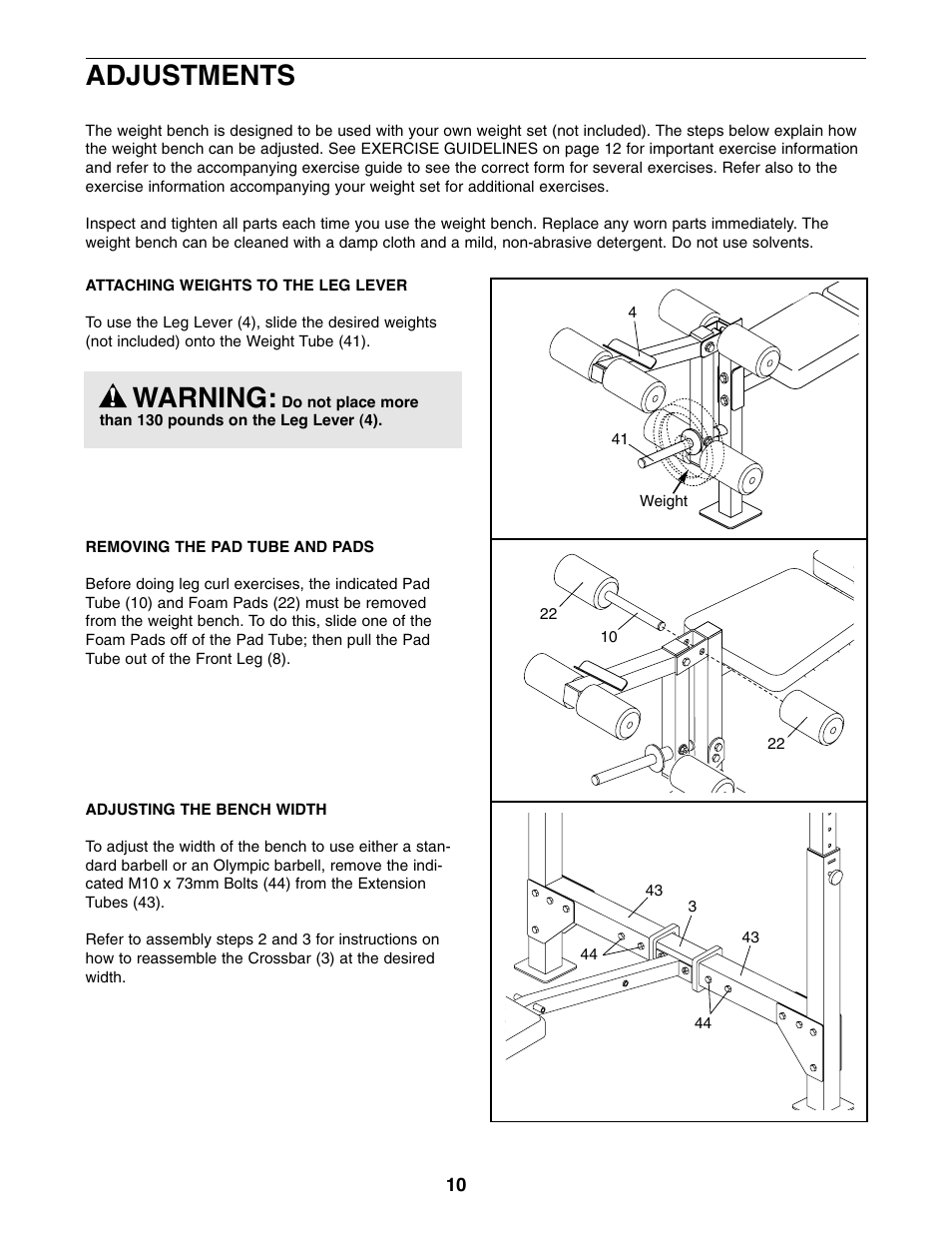 Warning, Adjustments | Weider 831.150742 User Manual | Page 10 / 16