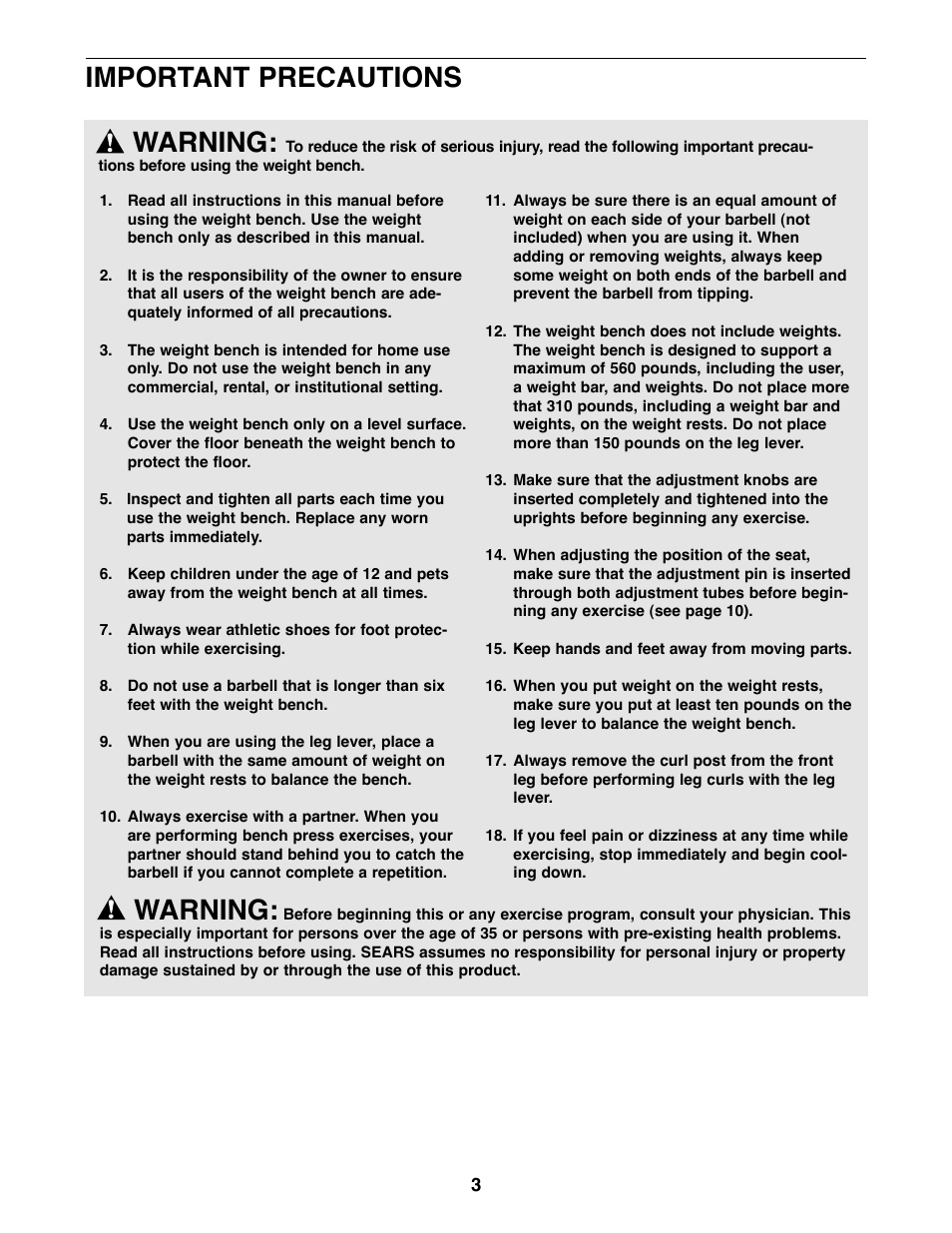 Important precautions warning, Warning | Weider 831.150742 User Manual | Page 3 / 16