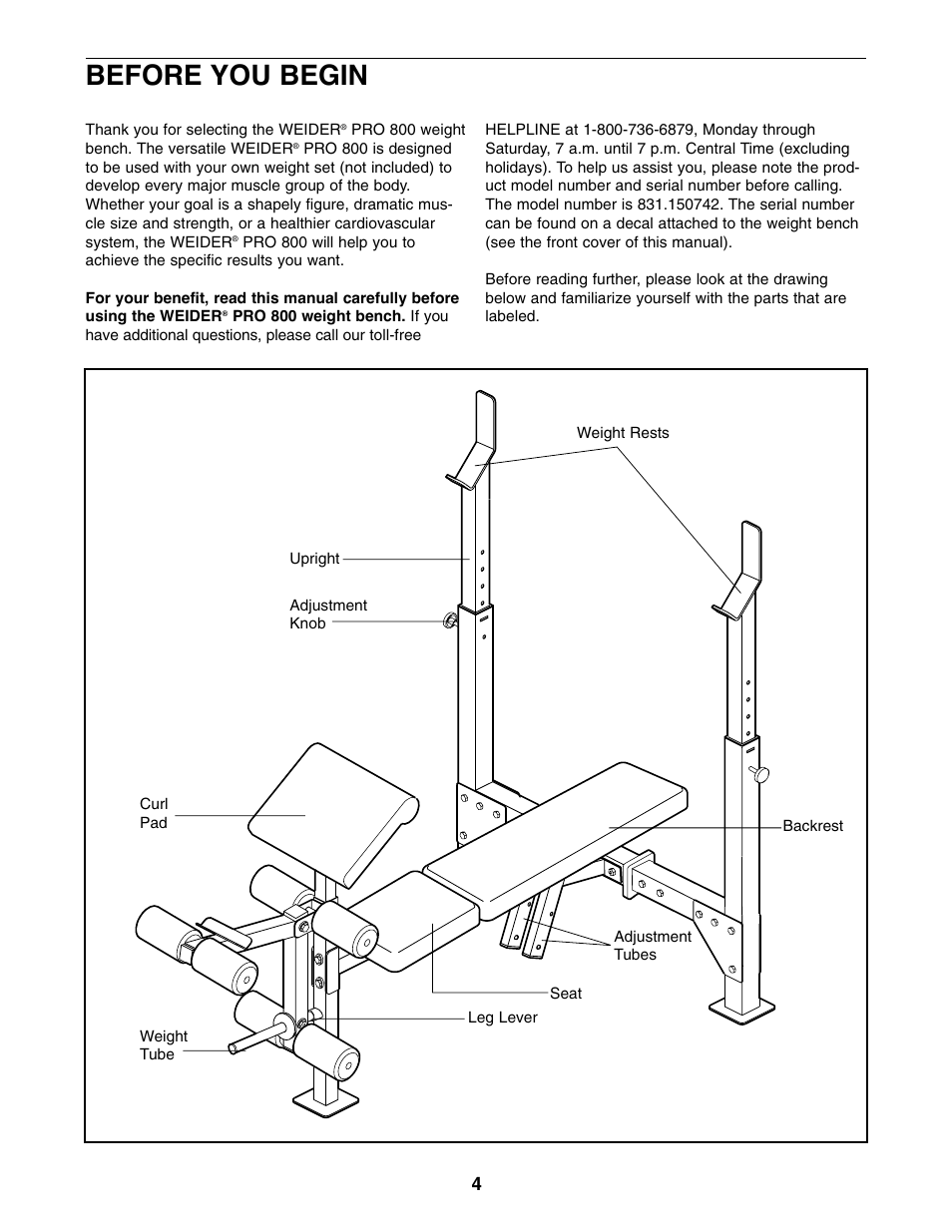 Before you begin | Weider 831.150742 User Manual | Page 4 / 16