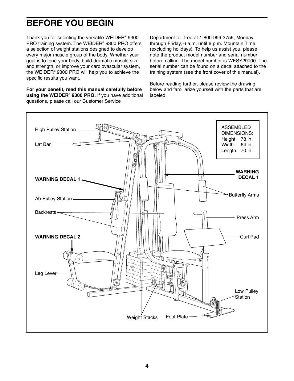 Before you begin | Weider 9300 PRO User Manual | Page 4 / 33