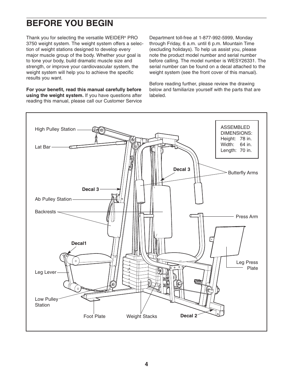 Before you begin | Weider WESY26331 User Manual | Page 4 / 32