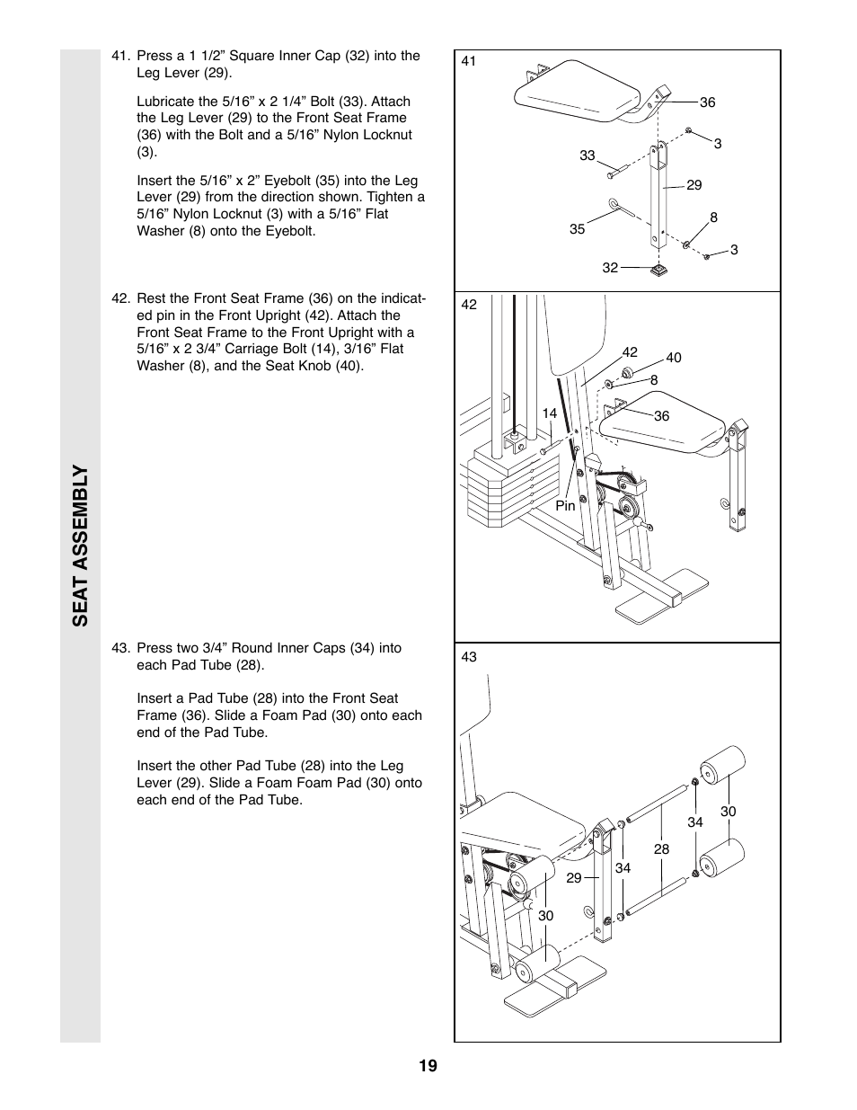 Sea t assembl y | Weider PRO 9400 User Manual | Page 19 / 33