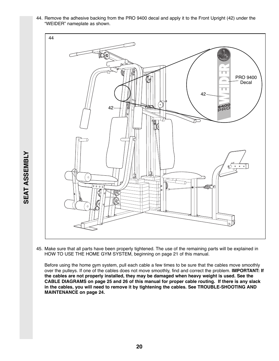 Sea t assembl y | Weider PRO 9400 User Manual | Page 20 / 33