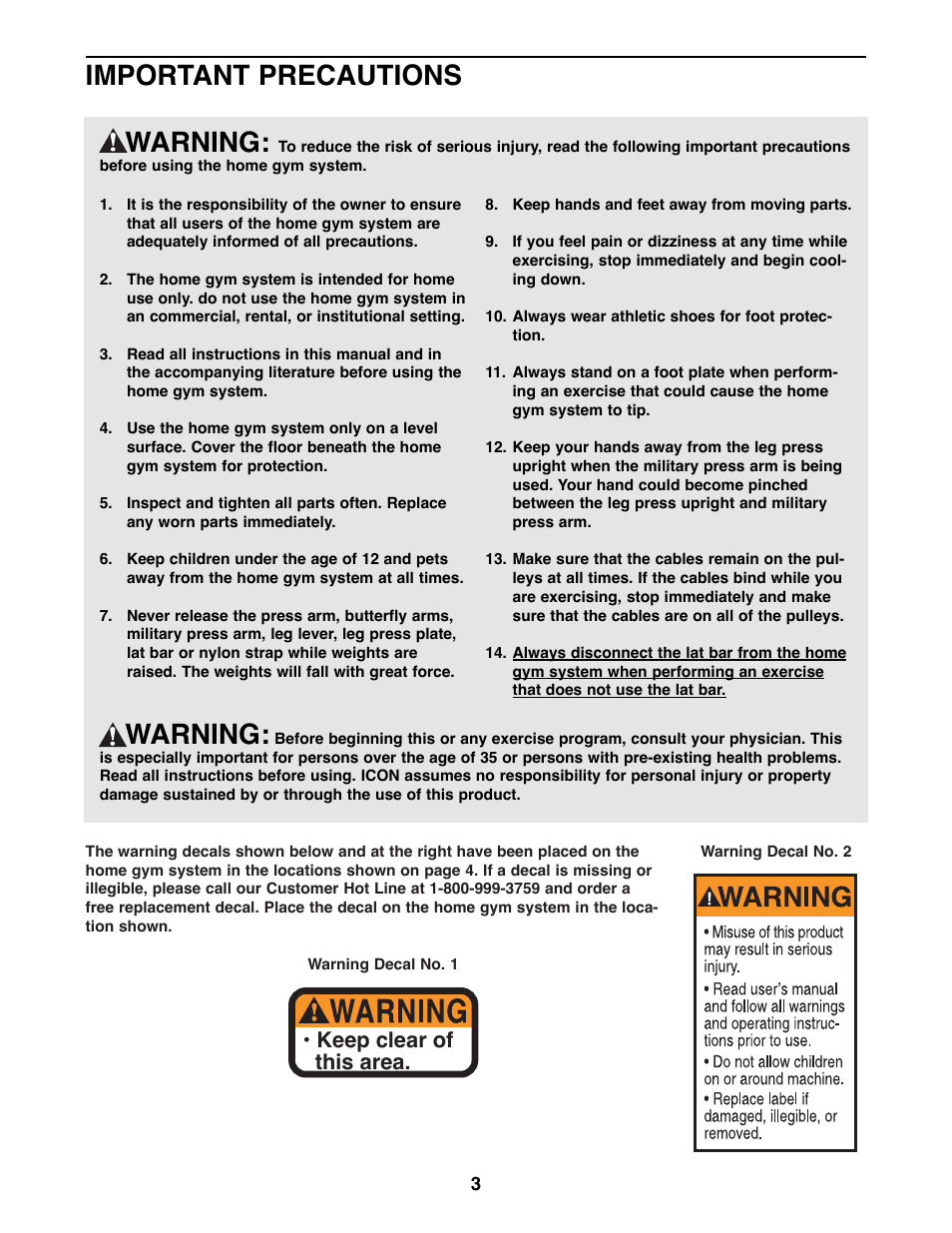 Warning, Important precautions warning, Keep clear of this area | Weider PRO 9400 User Manual | Page 3 / 33