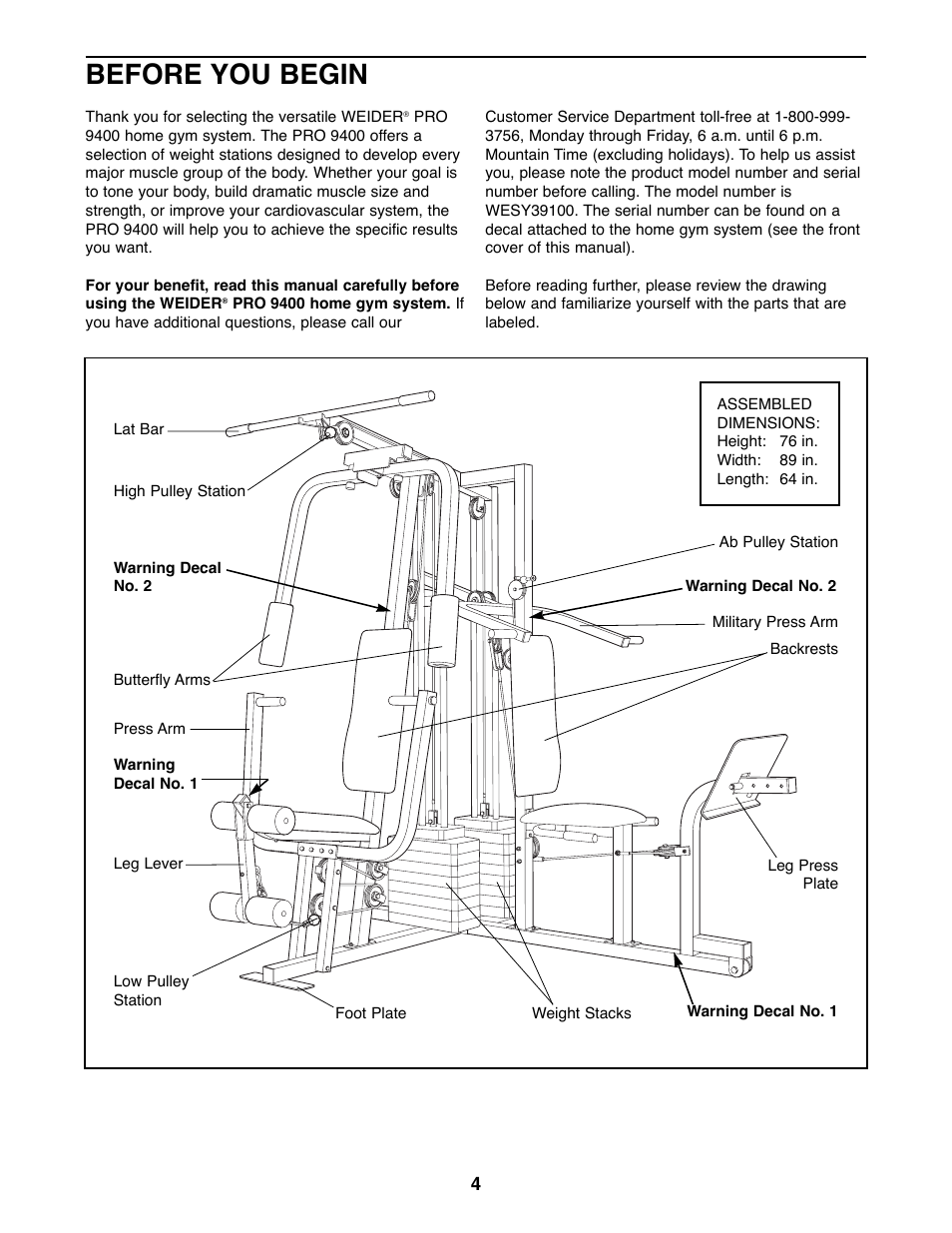 Before you begin | Weider PRO 9400 User Manual | Page 4 / 33