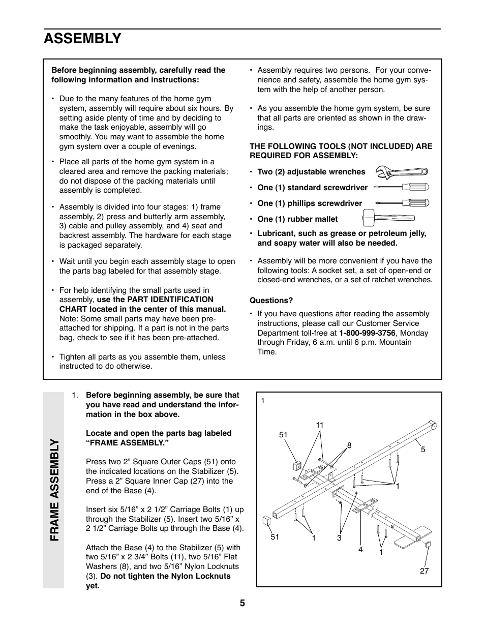 Assembly, Frame assembl y | Weider PRO 9400 User Manual | Page 5 / 33