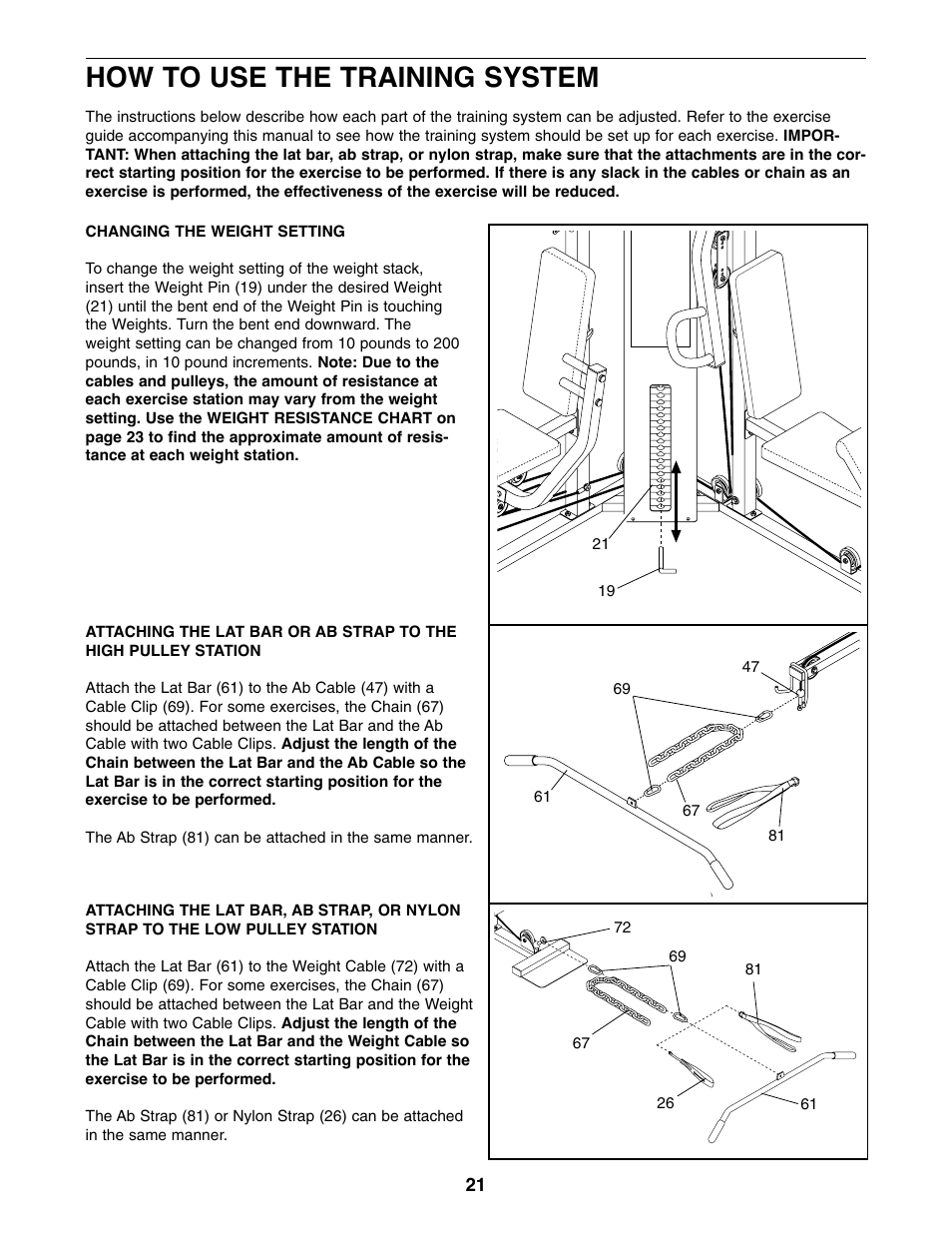 How to use the training system | Weider WESY59100 User Manual | Page 21 / 32