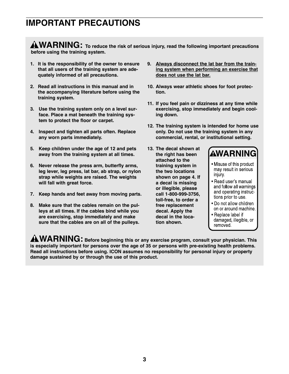 Important precautions, Warning | Weider WESY59100 User Manual | Page 3 / 32