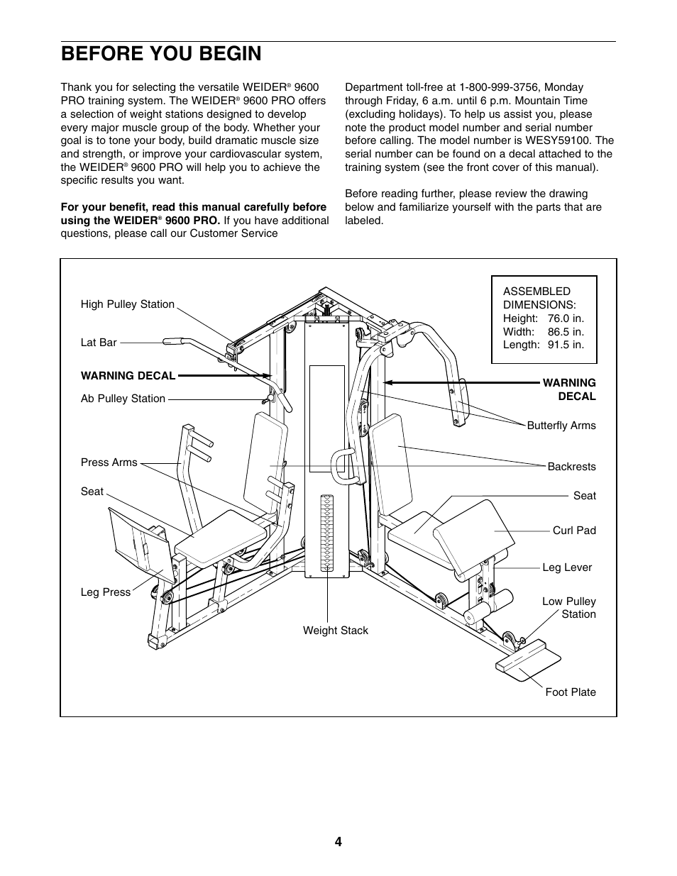 Before you begin | Weider WESY59100 User Manual | Page 4 / 32