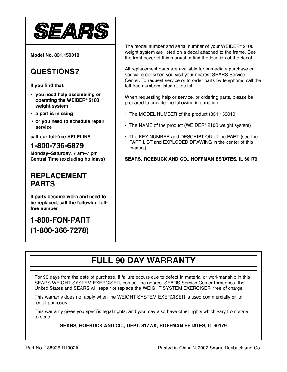 Full 90 day warranty, Questions, Replacement parts | Weider 831.159010 User Manual | Page 20 / 27
