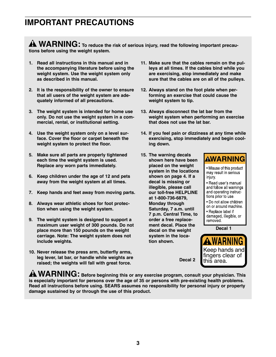 Warning, Important precautions, Keep hands and fingers clear of this area | Weider 831.159010 User Manual | Page 3 / 27