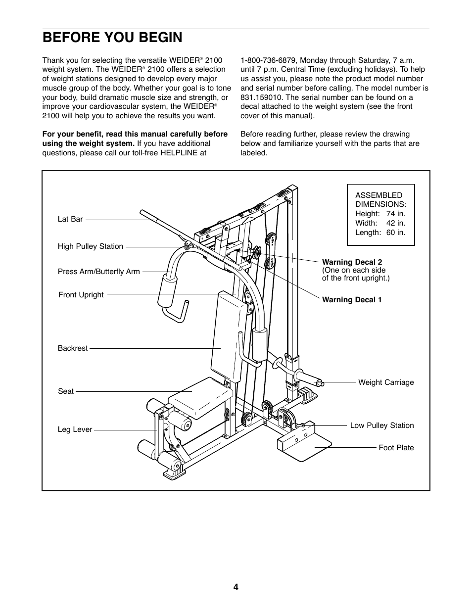 Before you begin | Weider 831.159010 User Manual | Page 4 / 27
