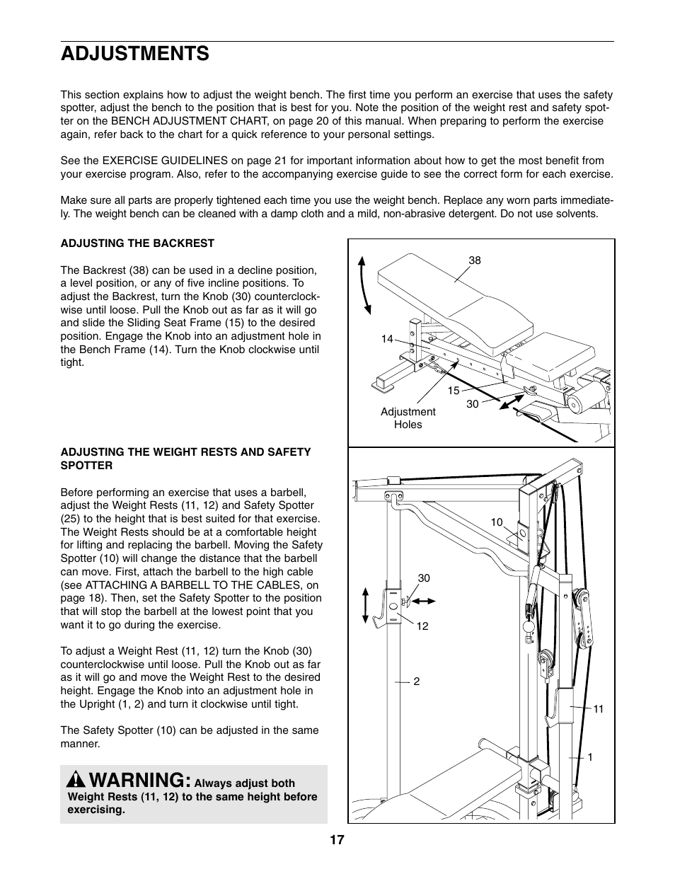 Warning, Adjustments | Weider WEBE29910 User Manual | Page 17 / 26