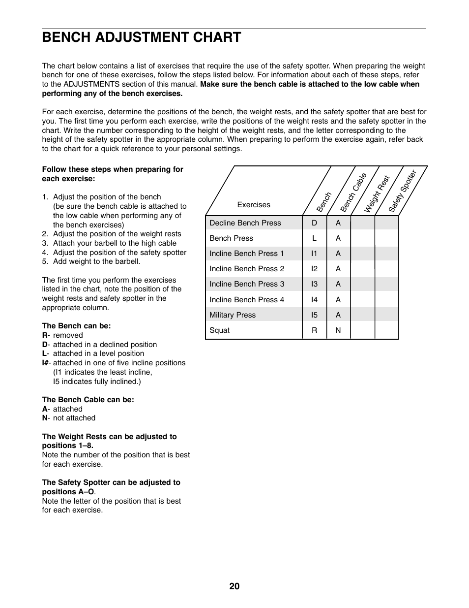 Bench adjustment chart | Weider WEBE29910 User Manual | Page 20 / 26