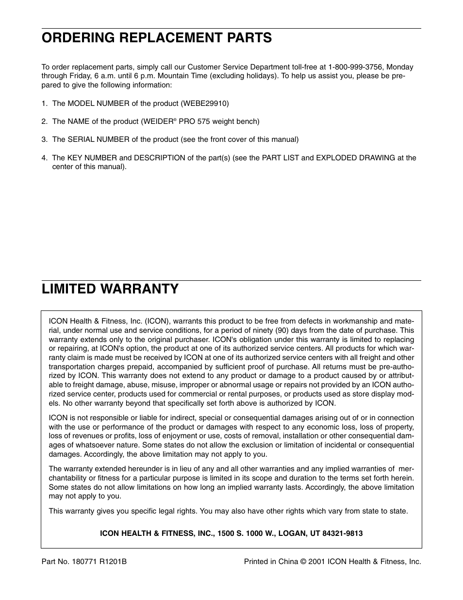 Limited warranty, Ordering replacement parts | Weider WEBE29910 User Manual | Page 26 / 26