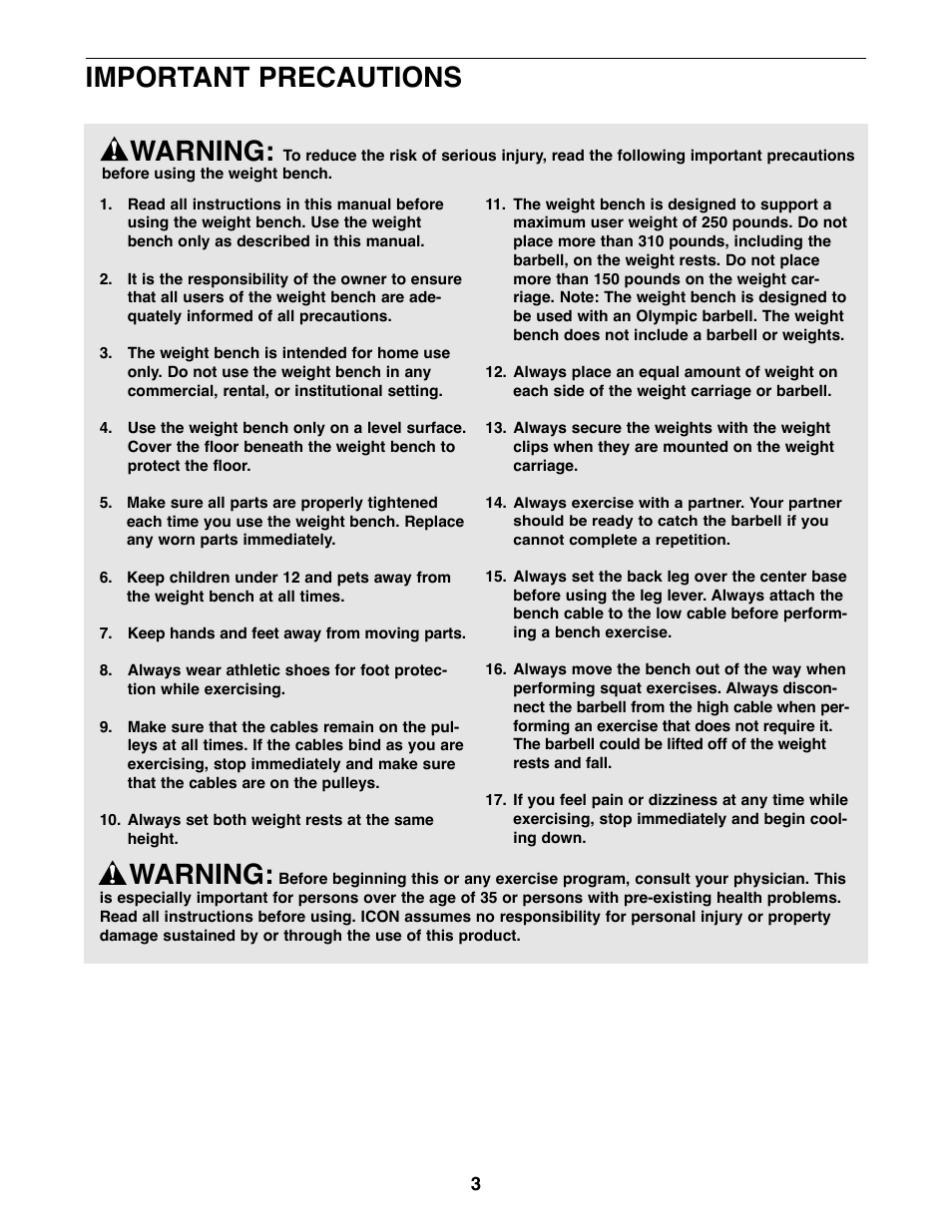 Warning, Important precautions | Weider WEBE29910 User Manual | Page 3 / 26