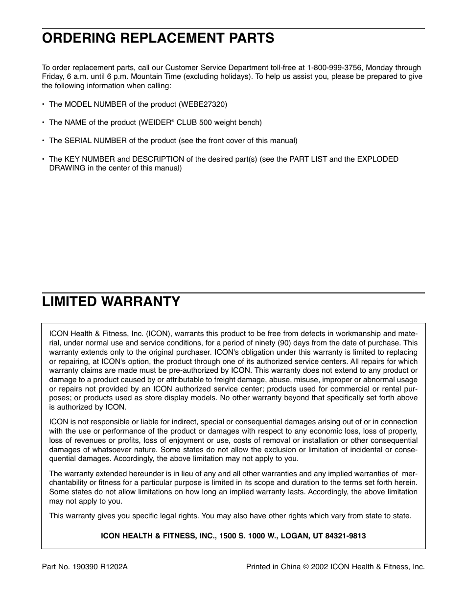 Limited warranty, Ordering replacement parts | Weider WEBE27320 User Manual | Page 20 / 27