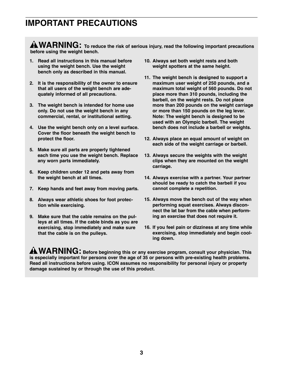 Warning, Important precautions | Weider WEBE27320 User Manual | Page 3 / 27