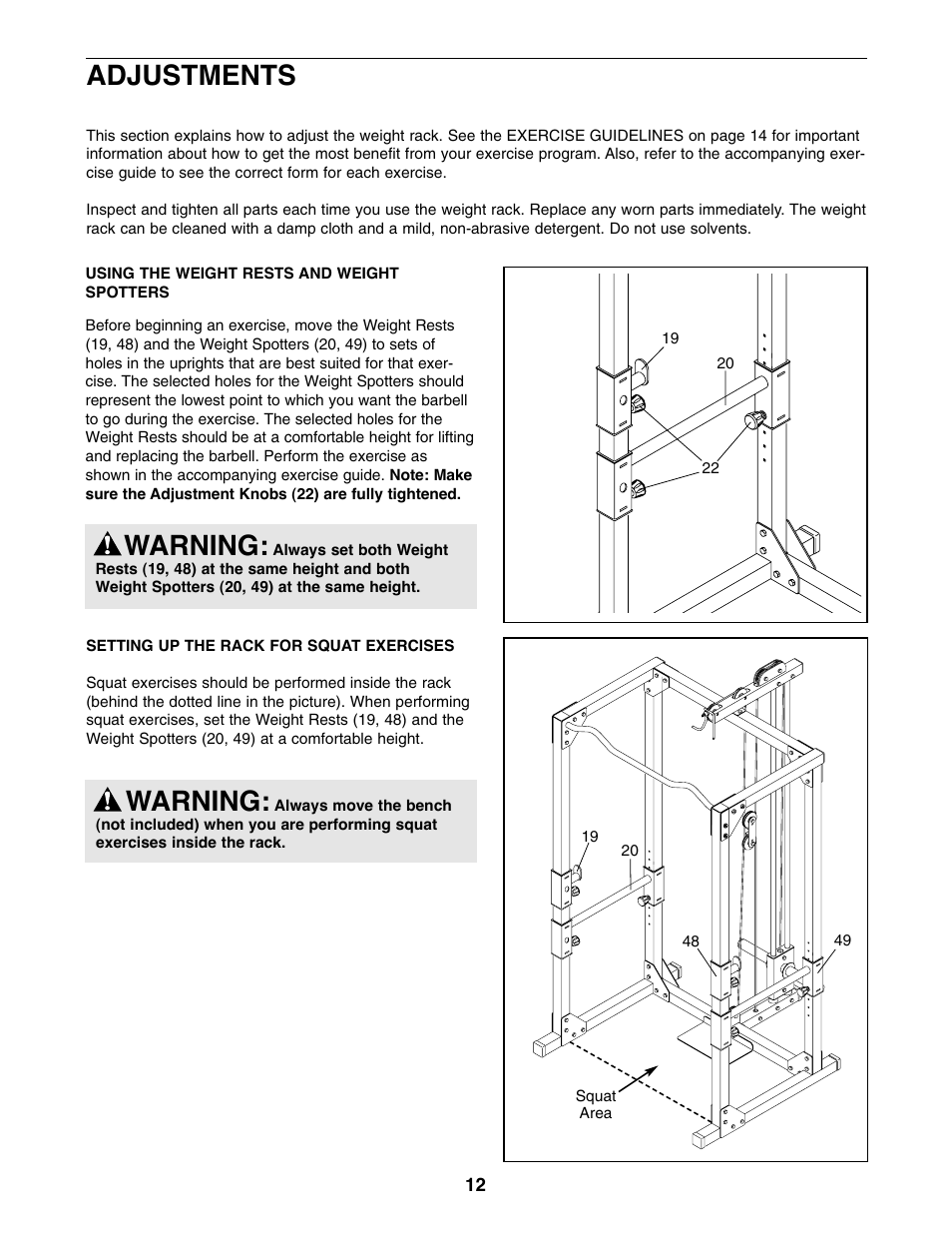 Warning, Adjustments | Weider PRO XT75 User Manual | Page 12 / 18