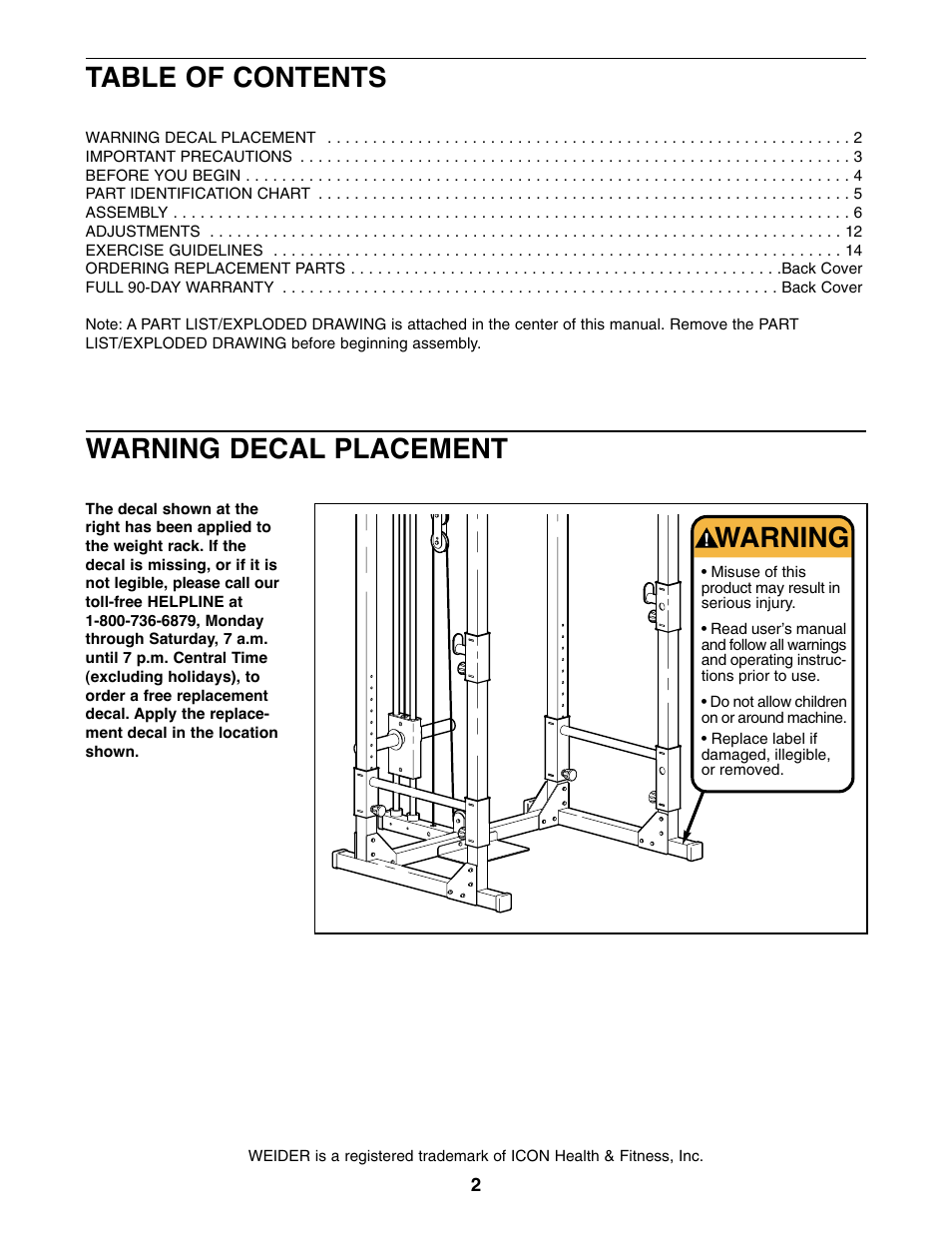 Weider PRO XT75 User Manual | Page 2 / 18