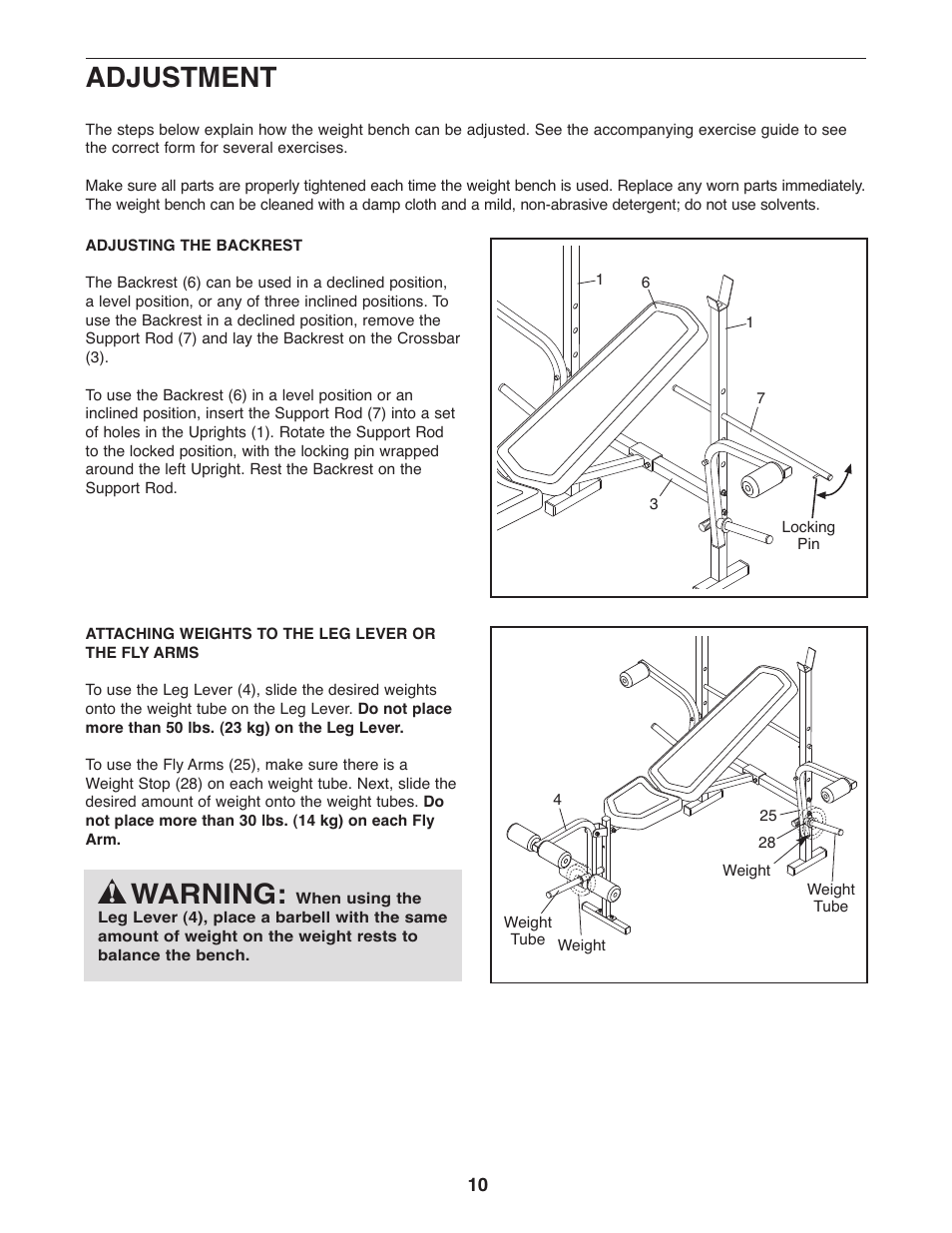 Warning, Adjustment | Weider Pro 256 831.15791.1 User Manual | Page 10 / 16