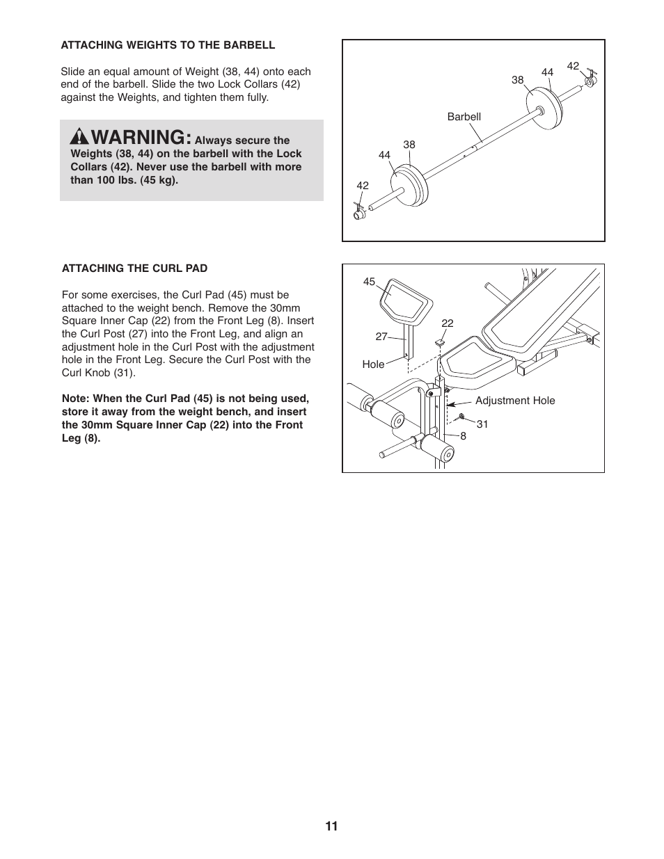 Warning | Weider Pro 256 831.15791.1 User Manual | Page 11 / 16