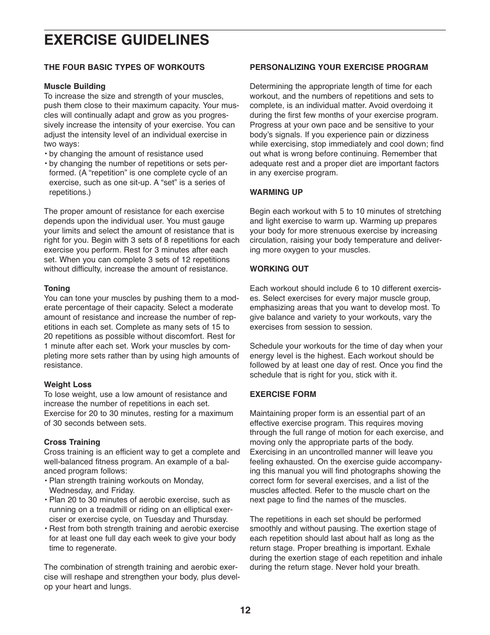 Exercise guidelines | Weider Pro 256 831.15791.1 User Manual | Page 12 / 16