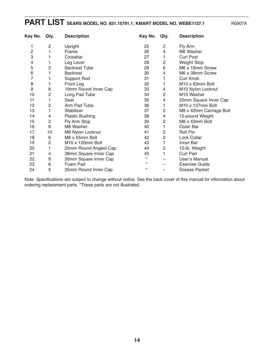 Part list | Weider Pro 256 831.15791.1 User Manual | Page 14 / 16