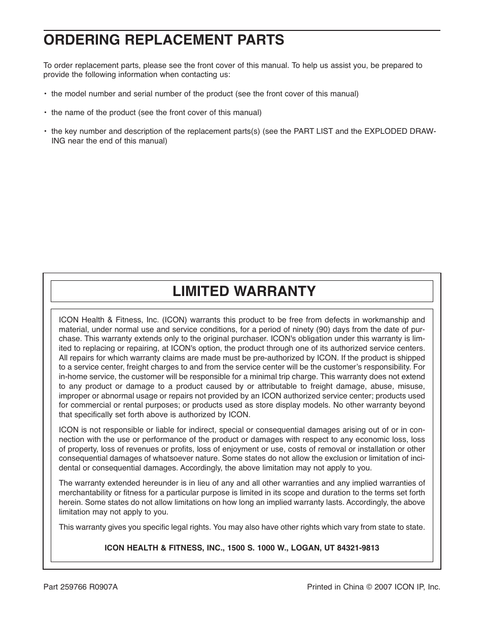 Ordering replacement parts, Limited warranty | Weider Pro 256 831.15791.1 User Manual | Page 16 / 16