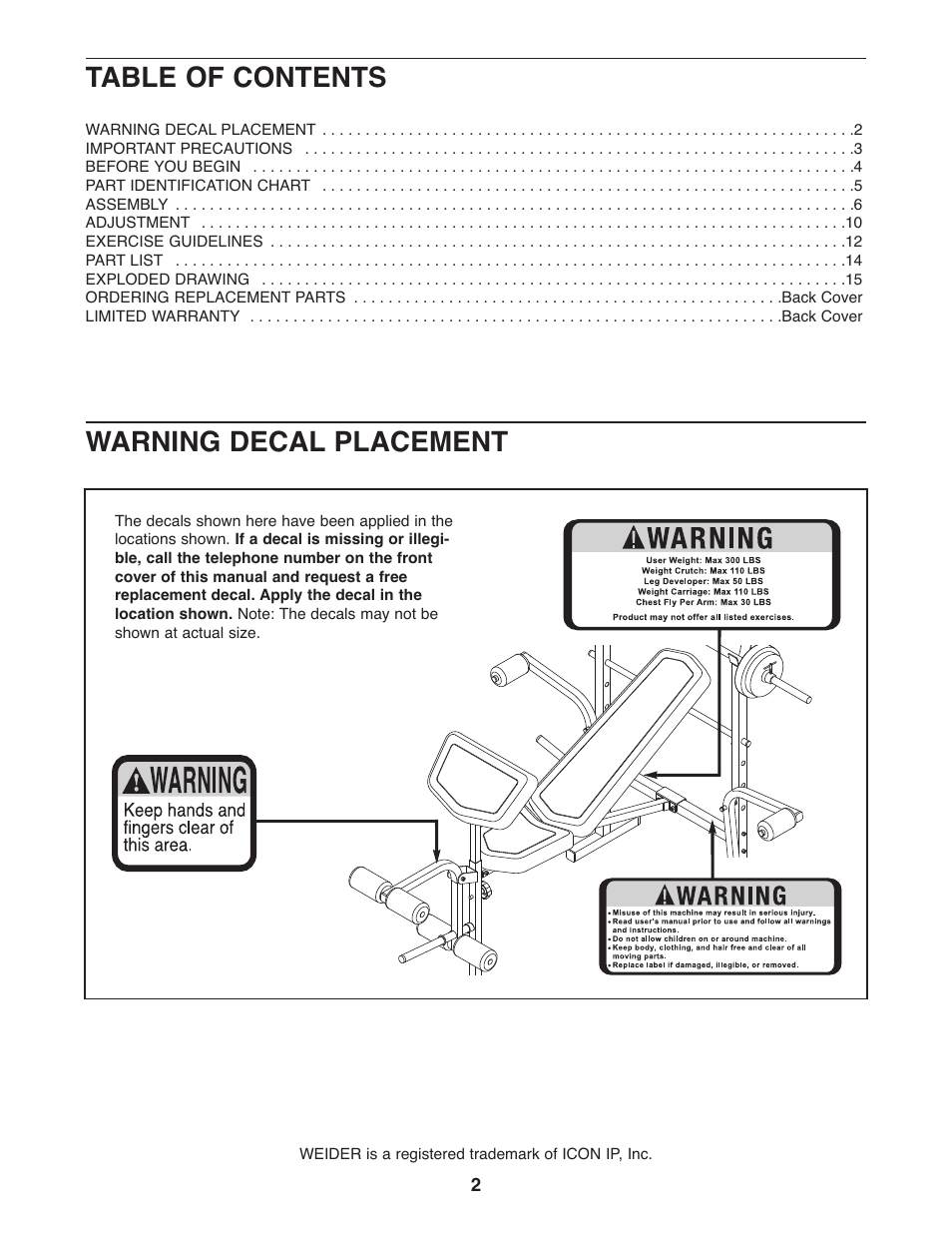 Table of contents warning decal placement | Weider Pro 256 831.15791.1 User Manual | Page 2 / 16