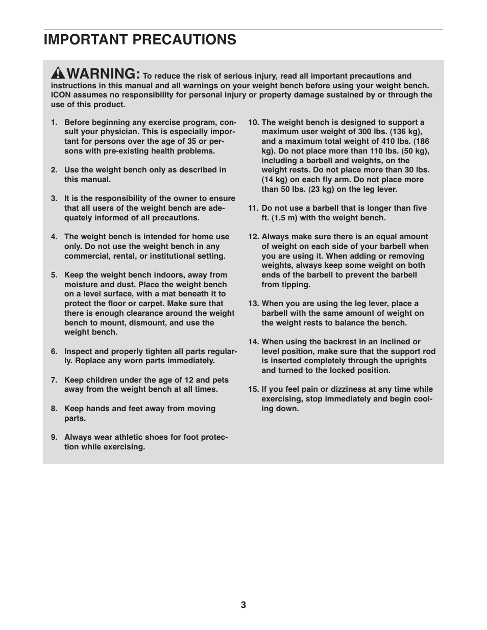 Warning, Important precautions | Weider Pro 256 831.15791.1 User Manual | Page 3 / 16